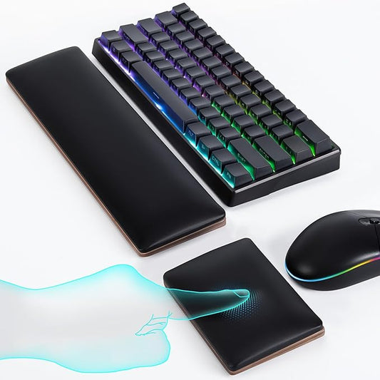 ASFSKY Keyboard and Mouse Wrist Rest Set – Ergonomic Wooden Wrist Support Pad with PU Leather & Memory Foam, Anti-Slip Rubber Base Wrist Cushion for Gaming, Office & Typing Pain Relief
