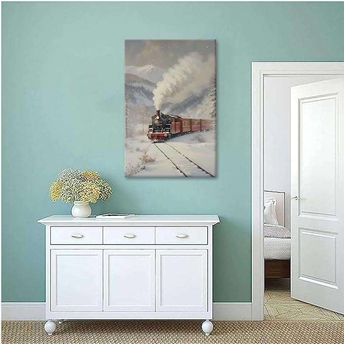 Canvas Wall Art Christmas Print Train Painting Winter Scenery Landscape Snowy Railroad Wall Art Moody Christmas Decor 20x30in-UnFramed