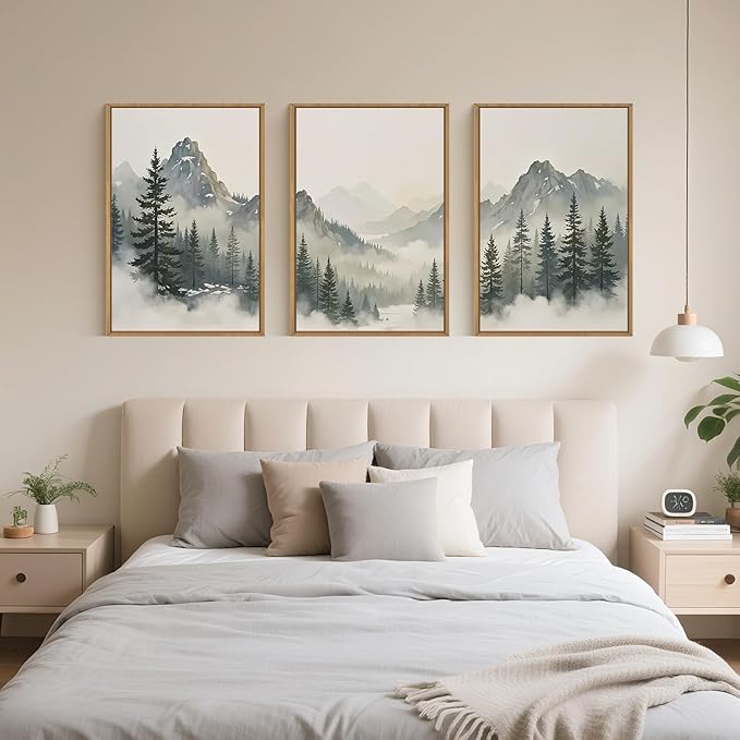 Large Nature Foggy Mountain Pine Trees Framed Canvas Wall Art, Misty Forest Landscape Wall Decor,Watercolor Woodland Scenery Artwork,Modern Art Print for Living Room, Bedroom, Office- 24"x36"x3