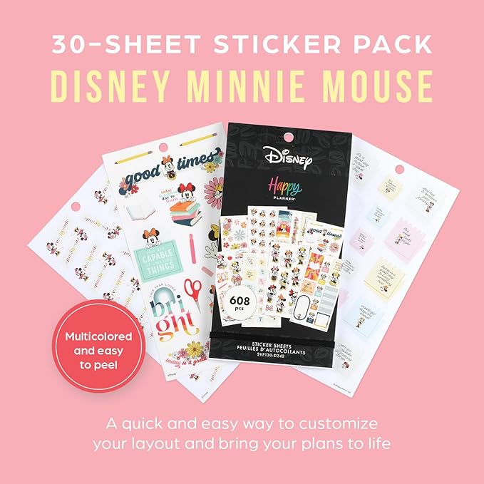 Happy Planner Disney Sticker Pack, Multicolored Planner Stickers for Teachers, Back-to-School Accessories, Sunny Minnie Theme, Classic Size, 30 Sheets, 608 Stickers Total