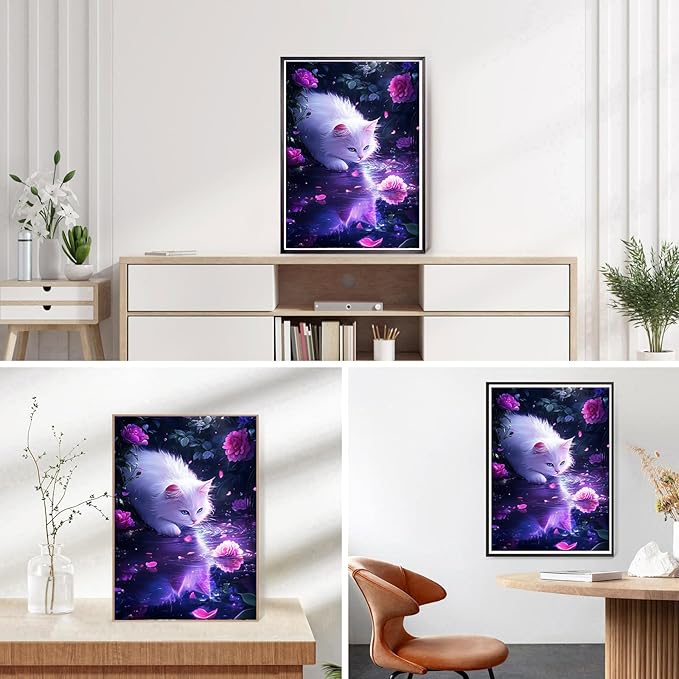 DPHERO White Cat Diamond Painting Kits for Beginners Adults,5D DIY Reflection Diamond Art Kits,Round Full Drill Dreamland Gem Art Crafts,DIY Painting by Numbers for Home Wall Decor 12x16 inch