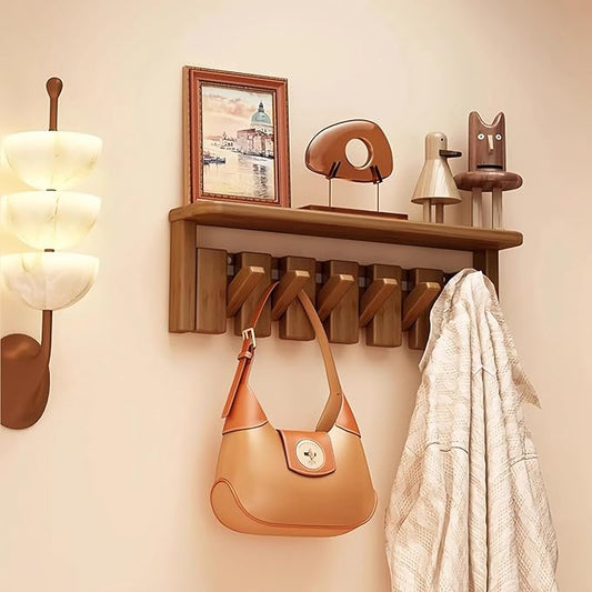 Wall Mounted Coat RackHooks Piano Key Hangers Natural Solid Wood Hanger Non-Woven Fabric Clothes Hangers for Closet, Kitchen, Bedroom, Bathroom, Entryway (Tray-Walnut, 6 Hooks)