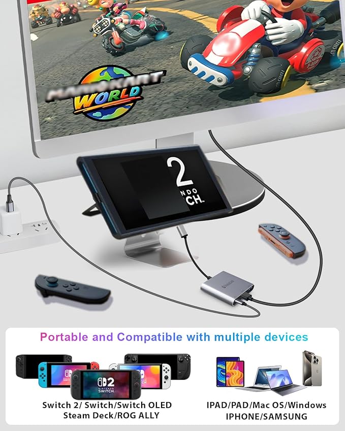 Switch 2 Dock Station with 4K HDMI2.1,USB C to HDMI Adapter for Switch 2&1 Compatible MacBook,Laptops 4K120Hz(Requires Manual Update for NS2'S V21+)