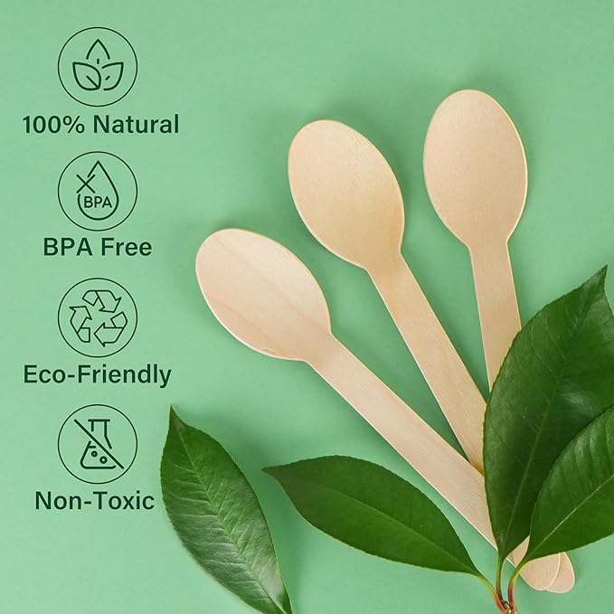 LotFancy Disposable Wooden Spoons, 100Pcs 6.25 inch Wood Cutlery Spoon, Biodegradable Compostable Eco-friendly Birchwood Sampling Tasting