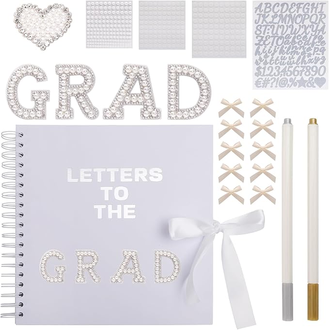 BINBE 10 x 10 Inch Letters to The Grad Scrapbook School Memory Book DIY Blank Paper Scrapbook Photo Album Book Sign with Pearl Stickers, Metallic Letters, Bows (White)