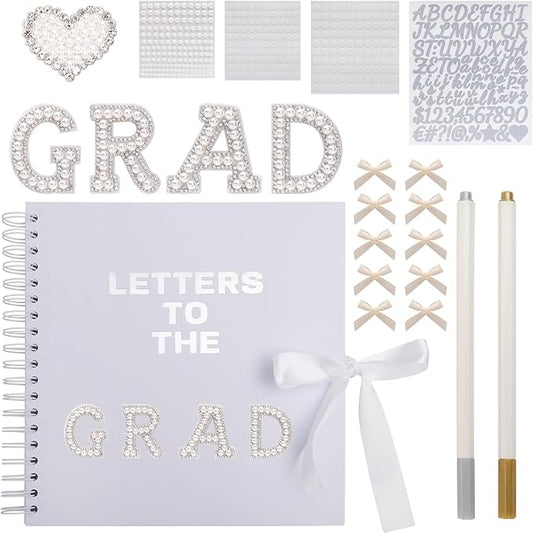 BINBE 10 x 10 Inch Letters to The Grad Scrapbook School Memory Book DIY Blank Paper Scrapbook Photo Album Book Sign with Pearl Stickers, Metallic Letters, Bows (White)