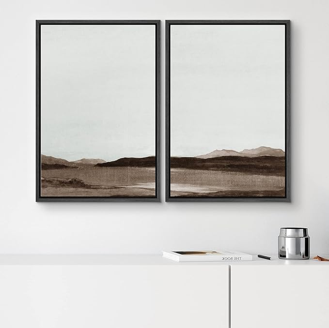 SIGNWIN Framed Canvas Print Wall Art Set Brown Minimalist Desert Mountains Nature Wilderness Illustrations Fine Art Farmhouse/Country Minimal for Living Room, Bedroom, Office - 24"x36"x2 Black