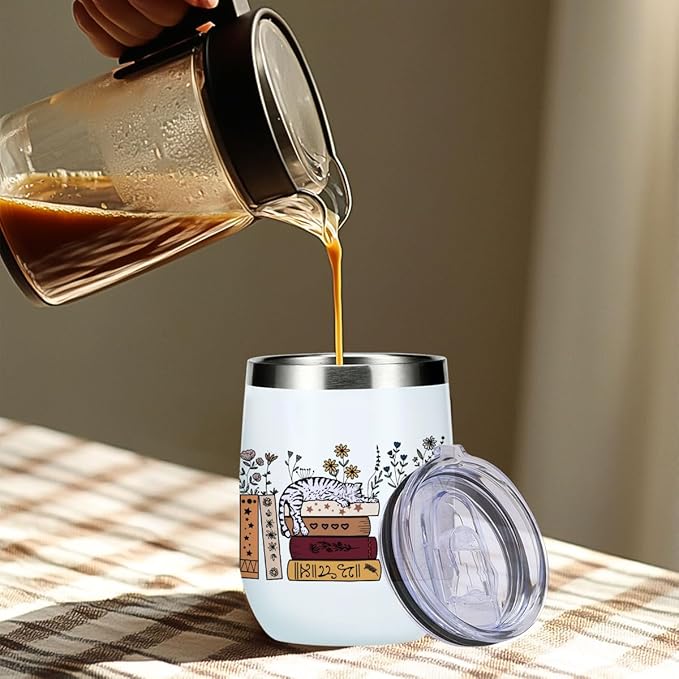 Wine Tumbler, 12 oz Coffee Mug Travel Insulated Cup Vacuum Wine Glass with Lid, Book Lovers Gifts Birthday Christmas Party Reading Book Accessories Bookish Librarian Gifts for Women Girls Grandma