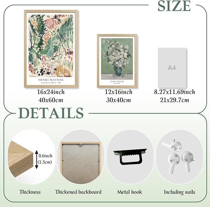 LLEEMPI Matisse William Morris Wall Art Set of 3, Sage Green Botanical Wall Decor, Abstract Van Gogh Flowers Canvas Prints, Vintage Florals Poster Print for Bedroom Bathroom Wood Framed 16x24 Inch