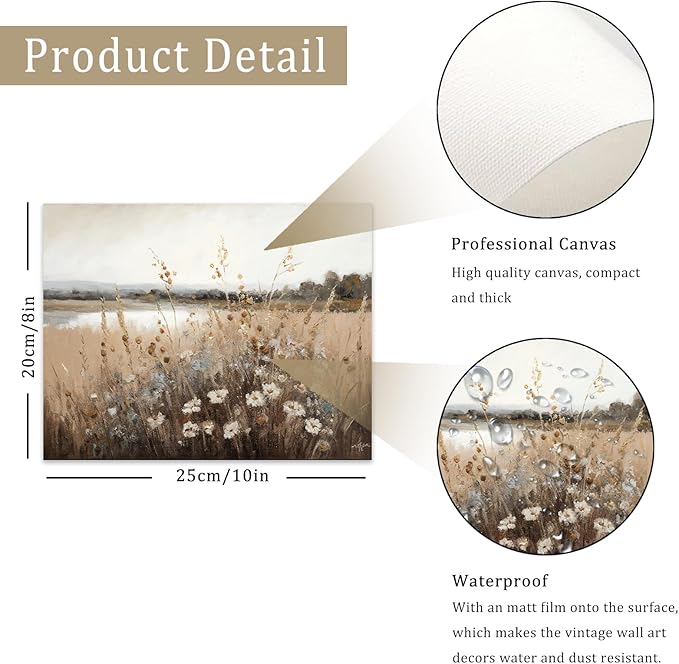 Vintage Wall Art, Farmhouse Wall Decor Wildflower Field Country Wall Painting Canvas Prints Autumn Landscape Oil Painting Wall Decor Vintage Art Pictures for Bedroom Bathroom Kitchen Decor( 8" x 10"-UNFRAMED)
