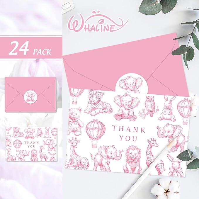 Whaline 24 Pack Pink Baby Shower Thank You Card Greeting Cards with Envelopes Stickers Cute Animal Blank Note Cards for Gender Reveal Birthday Party Supplies