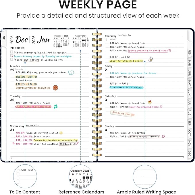 2026 Planner, Weekly and Monthly Calendar Planner for Women, Jan 2026 - Dec 2026, Hardcover Planning Agenda book with Tabs, Spiral Bound, Inner Pocket, Perfect for School Office Supplies, 6.3" x 8.5" - Moonlight Butterflies
