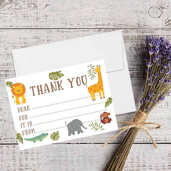 Andaz Press Kids Fill in the Blank Thank You Cards 20 Cards Including Envelopes Safari Jungle Animals Gender Neutral Note Cards For Boys Girls Birthday Thank You Notes for Friends, Family Party Guests