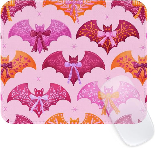 Seorsok Halloween Funny Bat Mouse Mat,Bow Ribbon Decor Mouse Pads for Office Laptop,Washable Square Cute Mousepads with Extended Stitched Edges Non Slip Rubber Base 9.5"x7.8"x0.12" Inch,Purple