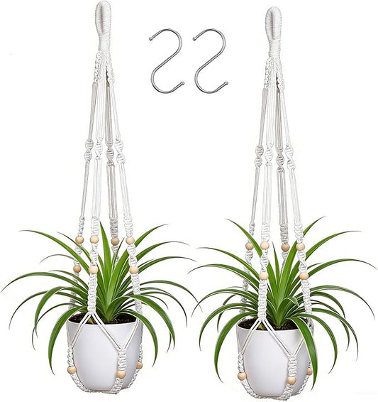 YIBOT Macrame Plant Hanger Indoor Outdoor, Up to 4-15 inch Pot, Heavy 20lb Planters, Extra Long Strong Hanging Planter Basket, Boho Home Decor, 35 Inch, Ivory, Set of 2 (POTS NOT Included)