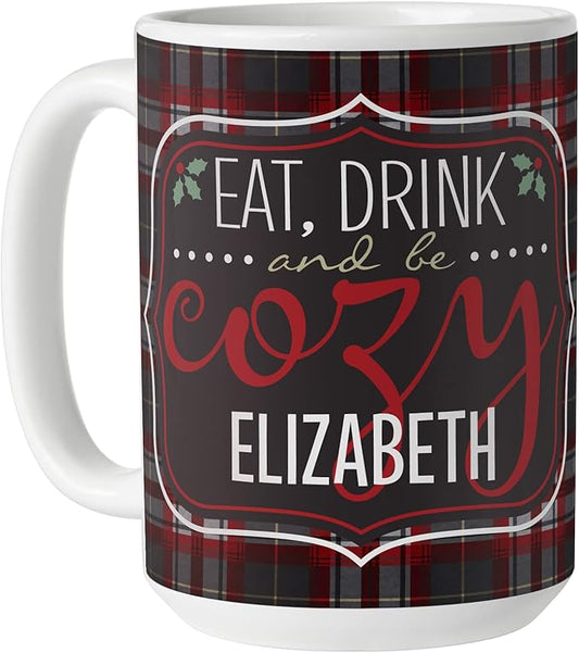 Let's Make Memories Personalized Coffee Mug - Christmas Holiday Stocking Stuffer - Customize Name - Holds 15 Oz. - Eat, Drink and Be Cozy