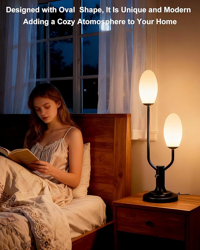 Lightdot Mid Century Modern Table Lamp Vintage Black Dimmable Plug in Small Bedside Lamps with Oval Shade Cute Desk Lamp Nightstand Reading Light for Bedroom Office Living Room