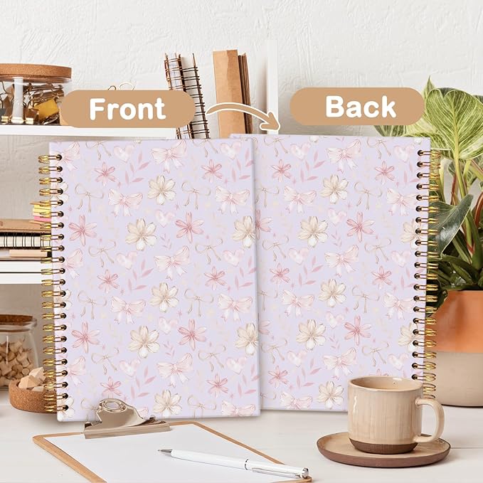 MOFUYU Cute Preppy Purple Bow Notebook Journals Diary,Preppy Cute Purple School Supplies for Teen Girls Women,Floral Hardcover Spiral Notebook A5