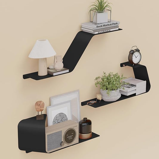 Floating Shelves, Set of 3 Wall Mounted Metal Shelves with Unique Design for Wall Storage, Book Shelf, Display Shelves for Bathroom Bedroom Kitchen Living Room, Black