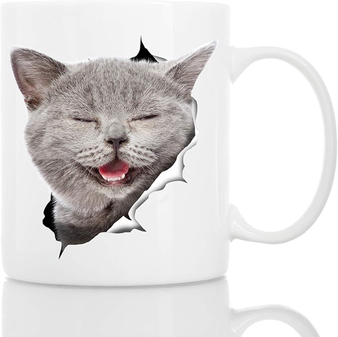 Laughing Grey Cat Coffee Mug - Ceramic Funny Coffee Mug - Perfect Cat Lover Gift - Cute Novelty Coffee Mug Present - Great Birthday or Christmas Surprise for Friend or Coworker, Men and Women (11oz)