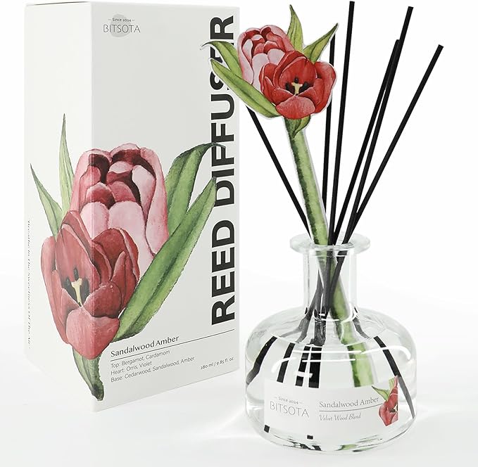 Reed Diffuser Set, Aroma Scented Diffuser with Sticks Home Fragrance Reed Diffuser for Bathroom Shelf Decor, Ideal Gift for Woman (9.85oz (280ml), Sandalwood Amber)