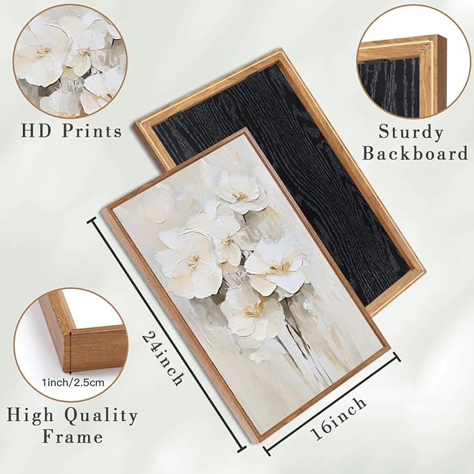 Anyzal Framed Beige Floral Wall Art Neutral Flower Wall Decor for Living Room Bedroom Dining Room 16x24 Inch Set of 3