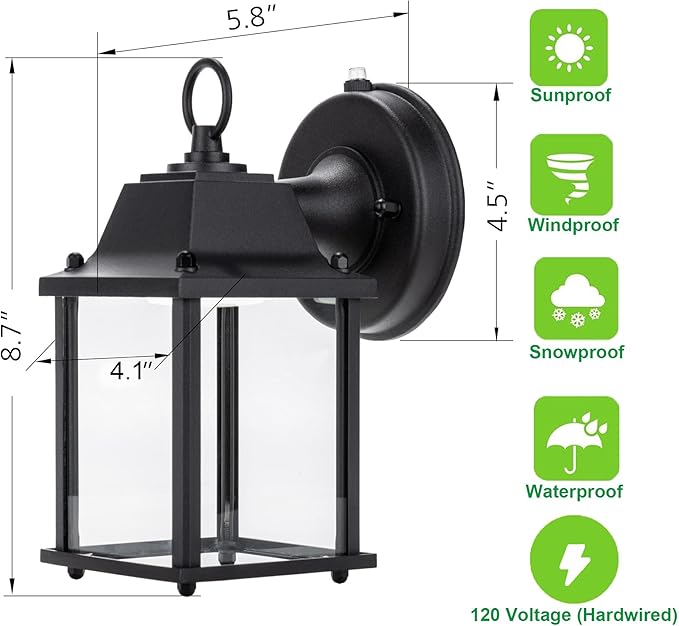 LIT-PaTH Small Outdoor LED Wall Lantern with Dusk to Dawn Photocell, 3000K Warm White, 9.5W, 800 Lumen, Aluminum Housing Plus Glass, Outdoor Rated, 1-Pack, Black
