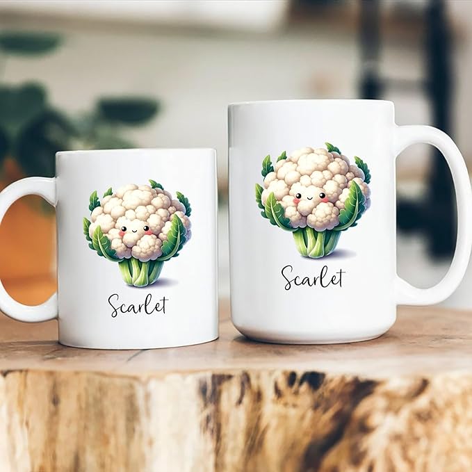 Cauliflower Mug, Personalized Cute Cauliflower Coffee Cup Choose Name, Cauliflower Gift, Custom Vegetable Travel Mugs Gifts For Cauliflower Lovers, Vegan Fans Cups, Cauliflower White Mug 11oz 15oz