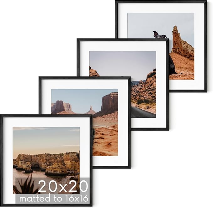 HAUS AND HUES 20x20 Black Metal Picture Frames Matted to 16x16 - Features Premium Aluminum & Hanging Hardware, Shatterproof Plexiglass - Ideal for Home, Room, Office (20x20 in, Black, Set of 4)