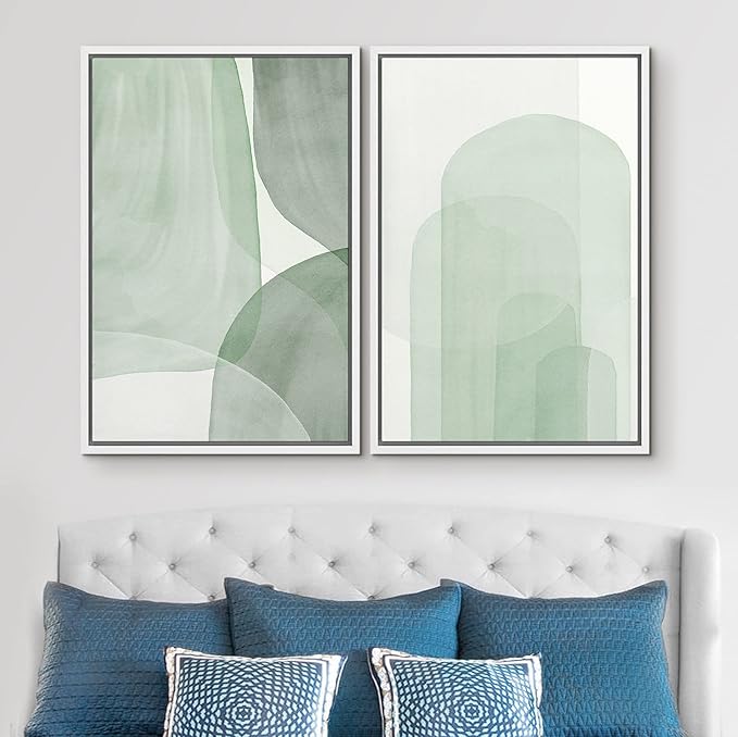 SIGNWIN Framed Canvas Print Wall Art Set Pastel Watercolor Green Polygon Collage Abstract Shapes Illustrations Modern Art Minimal Boho Colorful for Living Room, Bedroom, Office - 16"x24"x2 White