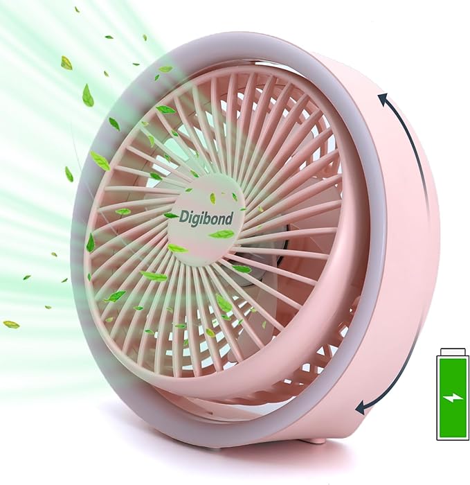 Pink Desk Fan, Small Quiet with Ambient Light/Hook Portable USB Fan 5.3in High Power 3000mAH Rechargeable Battery Operate 3 Speed 180°Rotated Easy Clean