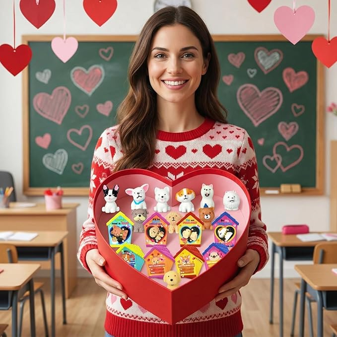 Zhanmai 72 Pcs Dog Valentine's Day Gifts Card and Dog Resin Figurines Miniature Puppy Heart Greeting Card for Valentine Party Favors Exchange Prizes Gifts (Cute)