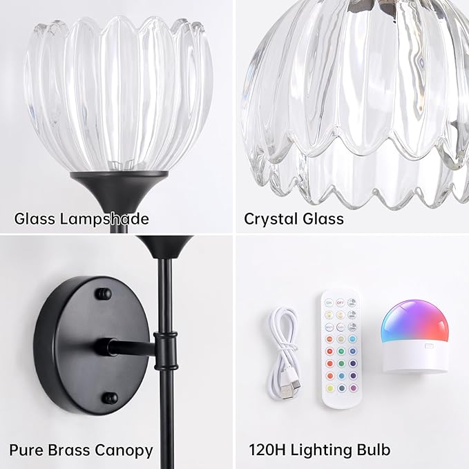 Battery Operated Wall Sconce Set of 2, Clear Tulip Vintage Wall Light Fixture Rechargeable 5000mAh Battery Powered Wall Lamp with Remote for Living Room Bathroom, Black