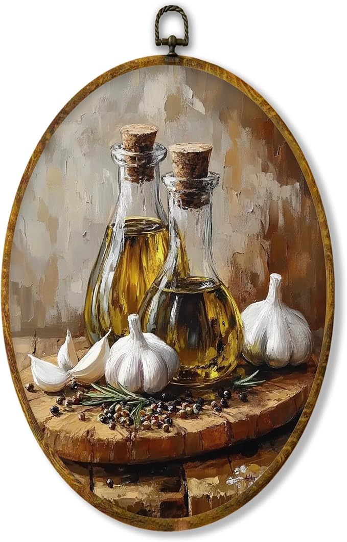 Hiuwevt Kitchen Oval Wall Art Decor, Vintage Still Life Garlic Framed Canvas Prints, Rustic Cottagecore Farmhouse Food Round Wall Hanging Decor for Bedroom Home Decorations, 8.6x11.4 Inches