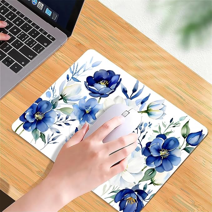 Square Mouse Pad White Blue Flowers 2, Personalized Premium-Textured Custom Mouse Mat Design, Washable Mousepad Cloth, Non-Slip Rubber Base Computer Mouse Pads for Wireless Mouse