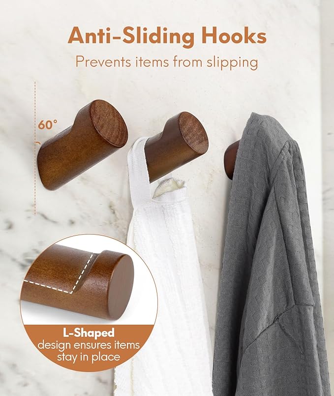 Wood Wall Hooks for Hanging, 6 Pack Hat Hook for Walls, Coat Hook Wall Mount, Backpack Hooks for Walls, Bathroom Towel Hanger (Walnut)