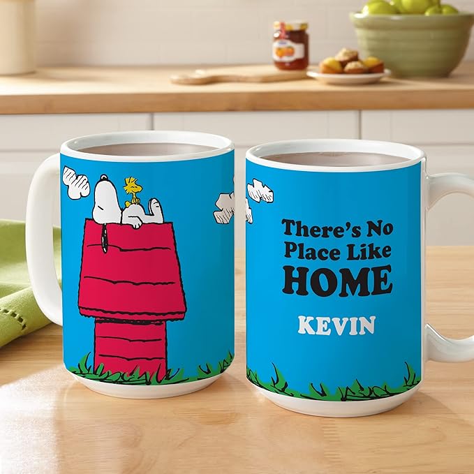 Let's Make Memories Personalized Mug - PEANUTS Character Collection - Christmas Holiday Stocking Stuffer - Microwave and Dishwasher Safe - Snoopy and Woodstock - No Place Like Home - 11 oz.