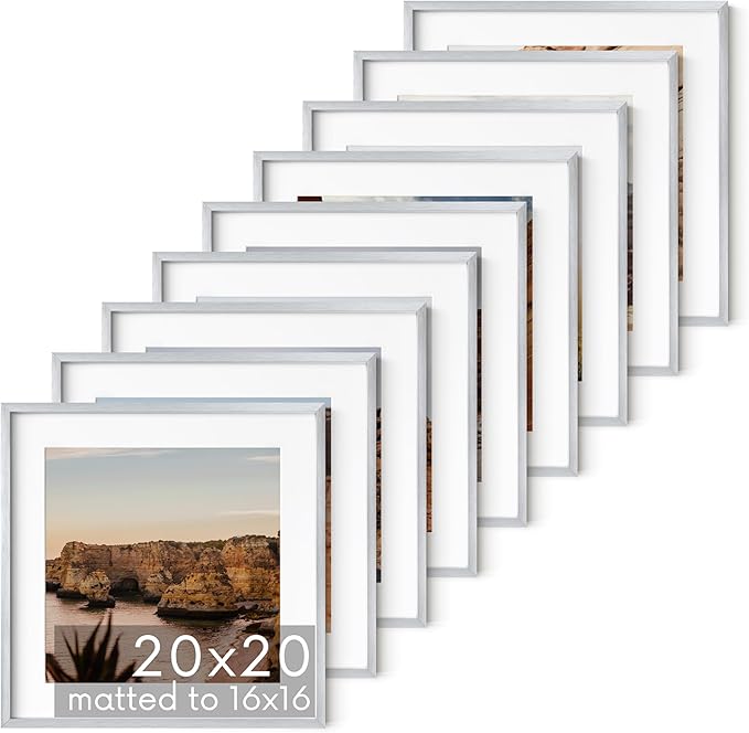 HAUS AND HUES 20x20 Silver Metal Picture Frames Matted to 16x16 - Premium Aluminum with Hanging Hardware, Shatterproof Plexiglass - Ideal for Home or Office (20x20 in, Silver, Set of 9)