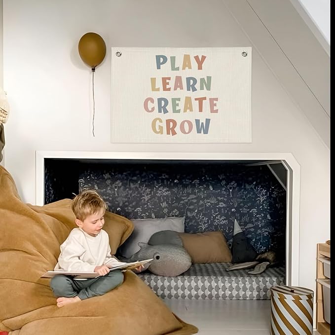 Playroom Wall Decor, Play Learn Create Grow Boho Canvas Banner Wall Hanging Flag Decor for Nursery Classroom Kids Room