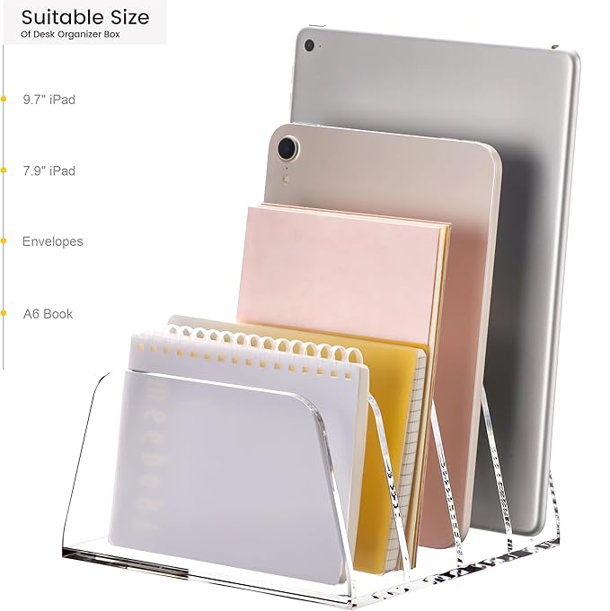 YUXUN Acrylic File Sorter,6.9"x6.6"x3.74",4 Sections Vertical Desk Organizer,Clear Mail Organizer File Holder Stand Rack Desk Accessories for Mail,Envelope,Letter,Notebook for Home/Office/Classroom