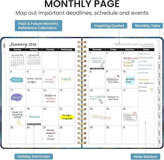 2026 Planner, Monthly and Weekly Calendar Planner for Women, Jan 2026 - Dec 2026, Hardcover Pretty 2026 Agenda Planner Book with Tabs, Spiral Bound, Perfect for School Office Home Supplies, 6.3" x 8.5" - Starlit Peaks