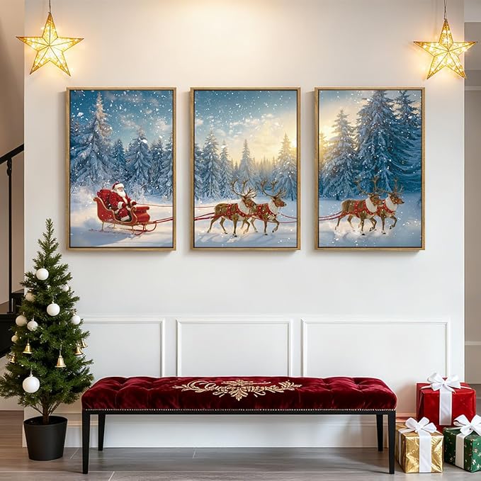 Framed Christmas Wall Art Santa Claus Wall Art Santa Winter Artwork for Living Room Bedroom Dining Room 16x24 Inches Set of 3