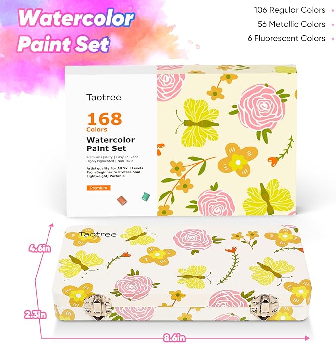 Taotree Watercolor Paint Set 168 Colors, Art Supplies Watercolors Kit Travel Water Colors with 3 Paints Brushes, Crafts Painting Supplies, Drawing Christmas Gifts for Teens Girls Boys Adults Artists