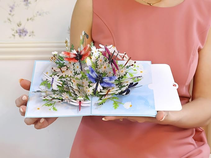 Pop Up Birthday Card for Women – Dragonfly 3D Flower Card, Handcrafted Greeting Card for Her, Mom, Sister, Friends, All Occasions Gift