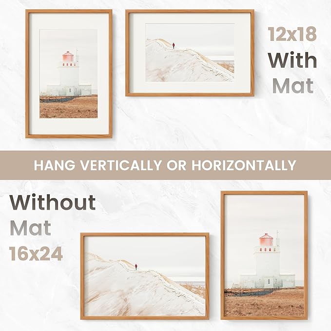 16x24 Poster Frame, USA-Sourced Natural Cherry Wood Picture Collage Frame with HD Tempered Glass, Modern Simple 16 x 24 Wooden Photo Frame Matted to 12x18, Vertical & Horizontal Wall Hanging Display