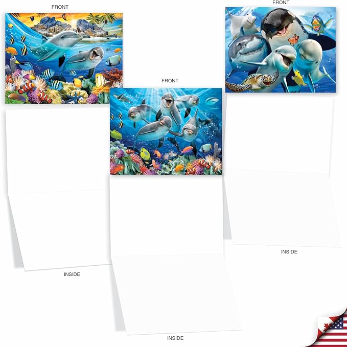 The Best Card Company - 10 All Occasion Blank Cards (4 x 5.12 Inch) - Nautical, Ocean, Sea Life Assortment of Notecards - Multi Porpoises M6643OCB