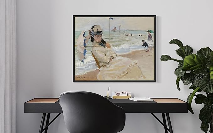 Camille on the Beach Claude Monet Wall Art Print Poster, Impressionist Painting Wall Art Wall Decor, for Bedroom and Living room Bathroom Decor 115 (Camille on the Beach, 8 x 10 inches, Black Frame)
