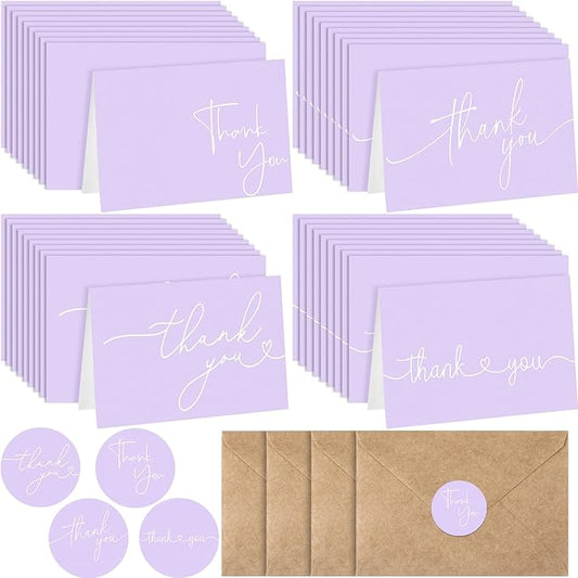 Teling 200 Set Thank You Cards with Envelopes Bulk, 6 x 4 Inch Blank Thank U Greeting Notes with Brown Kraft Envelopes Stickers Thankyou Card Set for Graduation Wedding Birthday Baby Shower(Purple)