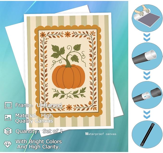 Pumpkin Harvest Wall Art – Vintage Fall Botanical Canvas Print – Autumn Farmhouse Decor with Green Stripes – Thanksgiving Pumpkin Illustration Poster 12x16inch-Unframed