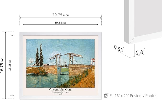 Monem Art Vintage Van Gogh Poster - Retro Langlois Bridge at Arles Print - Impressionism Art - Landscape Art - Fine Art - Classic Painting Art - Bedroom or Office Decor - 16x20 White Framed
